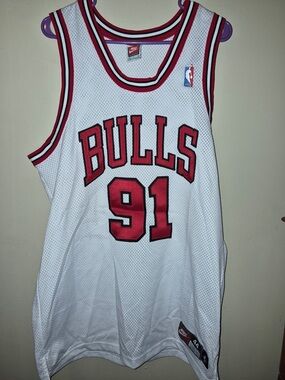 Nike White Chicago Bulls #91 Red & Black Mesh Jersey